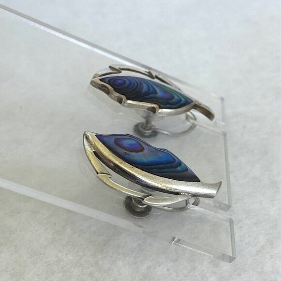 VTG Sterling Silver 925 Dainty Abalone Inlay Foliage Leaf Screwback Earrings - Picture 4 of 16